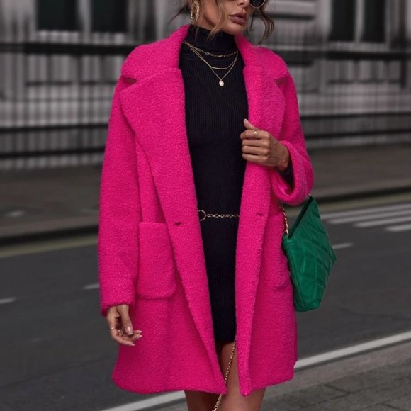 . Jackets & Blazers - Pocketed  Lapel Neckline faux fur Teddy Coat jacket Hot Pink